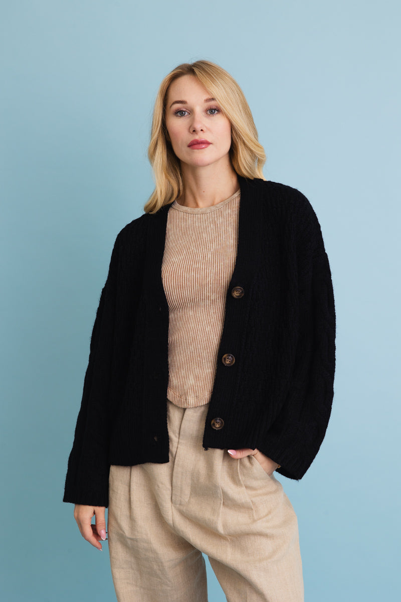 Leto Collection Black Boho Cardigan for Women with Stylish Button Closure and Cozy Fit