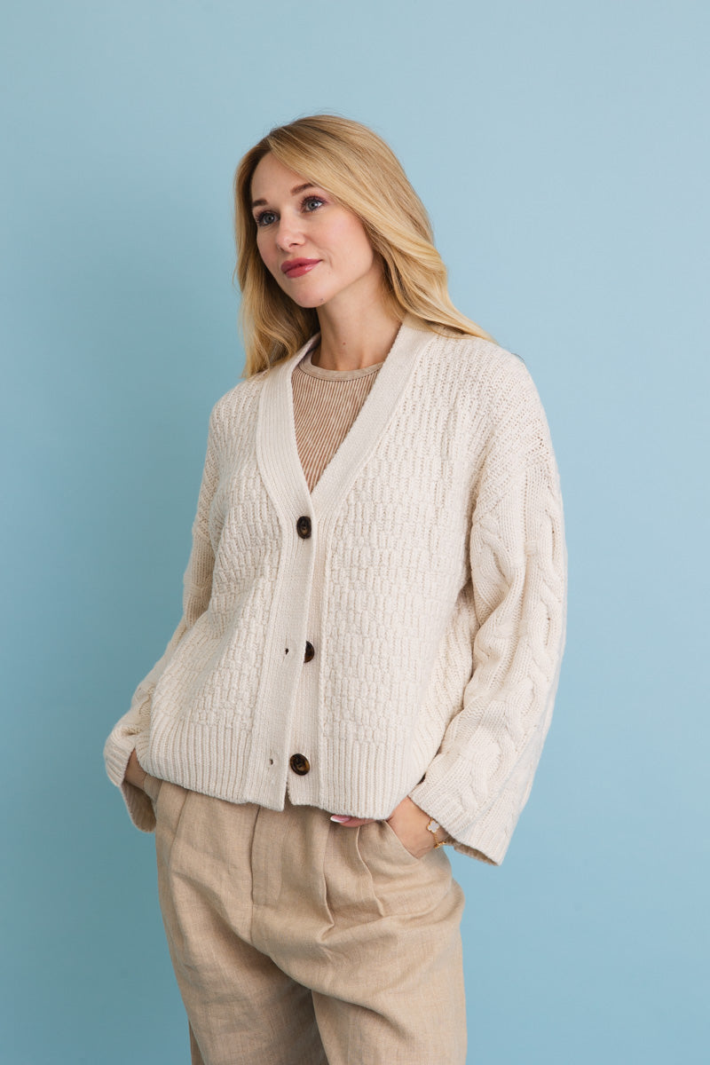Leto Collection boho cardigan women in cream with cable knit design and button closure