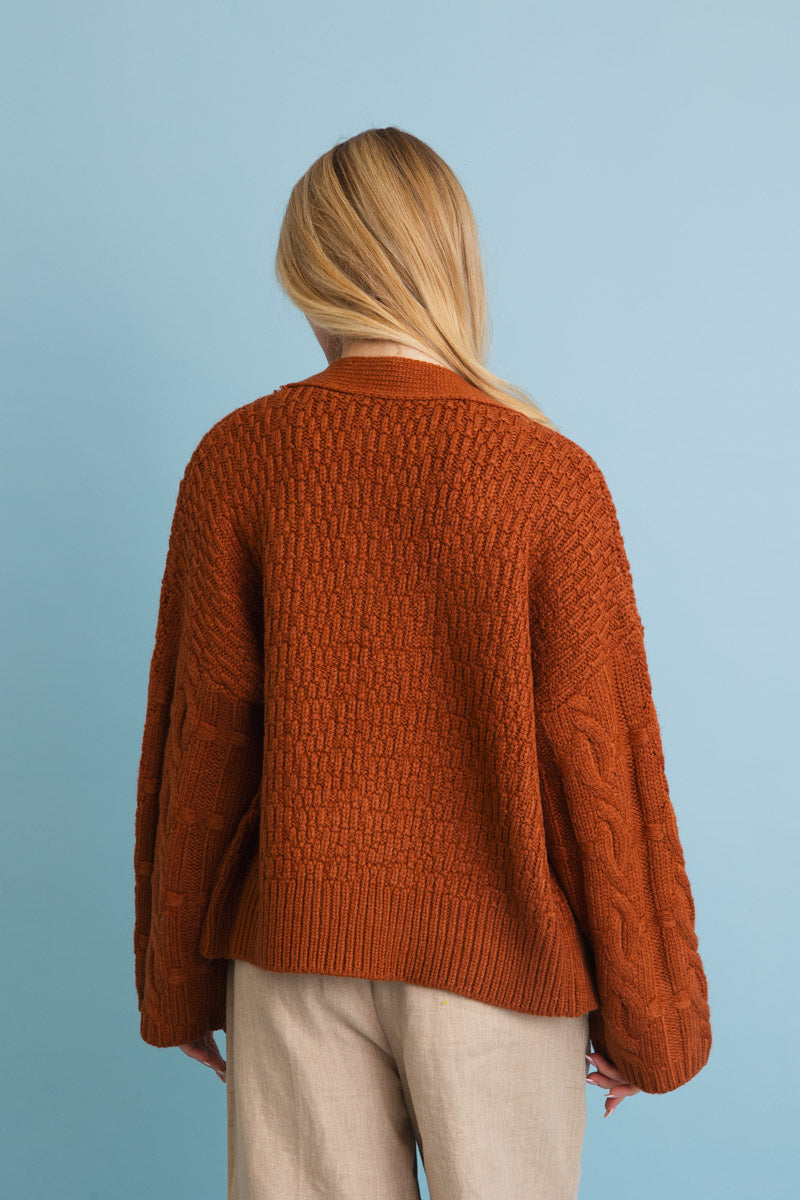 Leto Collection Boho Cardigan Women in Rust Color with Textured Knit for a Cozy Look