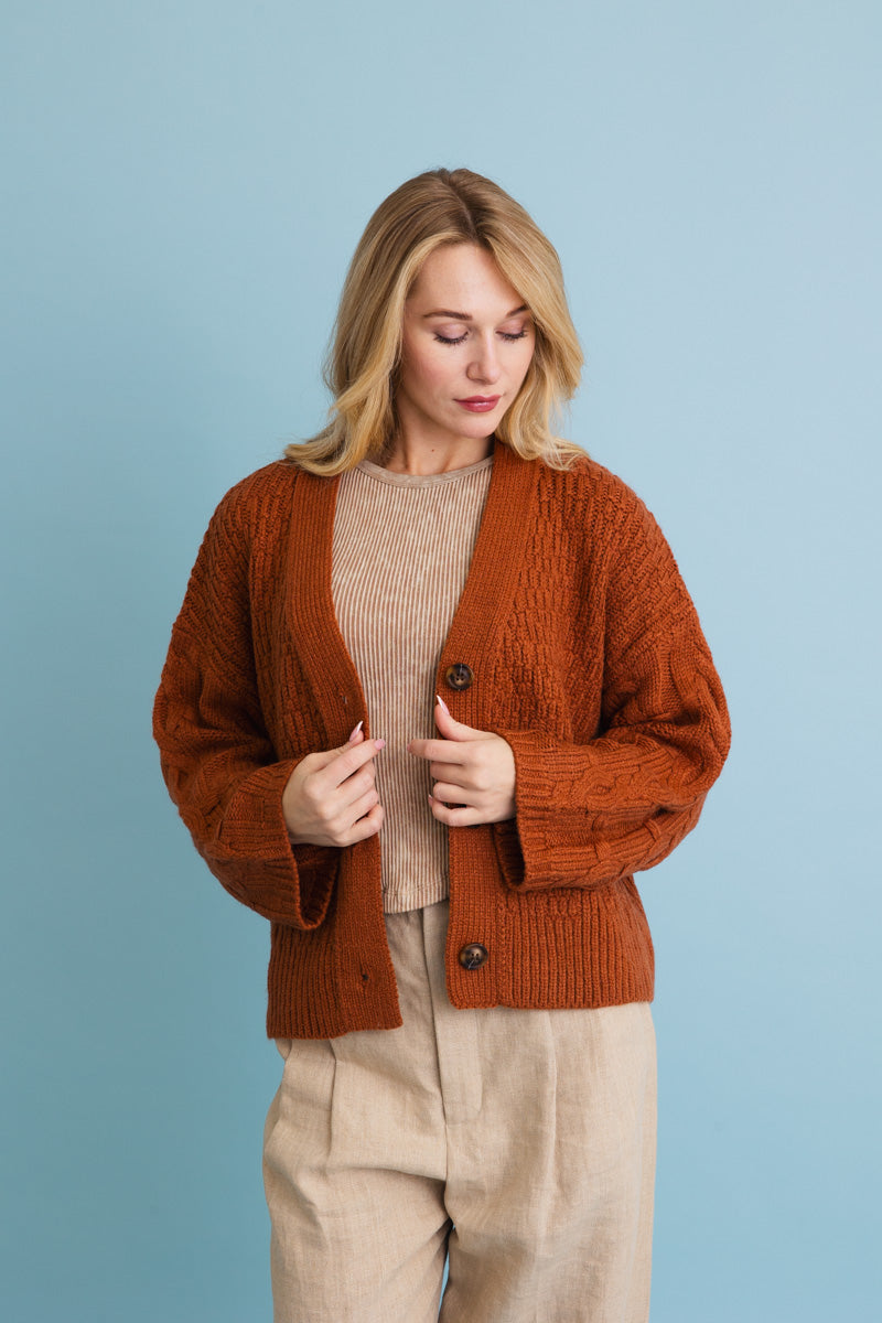 Leto Collection Boho Cardigan Women in Rust Color with Cozy Knit Texture and Button Closure