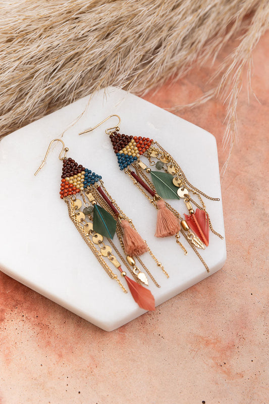Boho Dreams Beads & Feathers Cascade Earrings-Soul Flow Apparel
