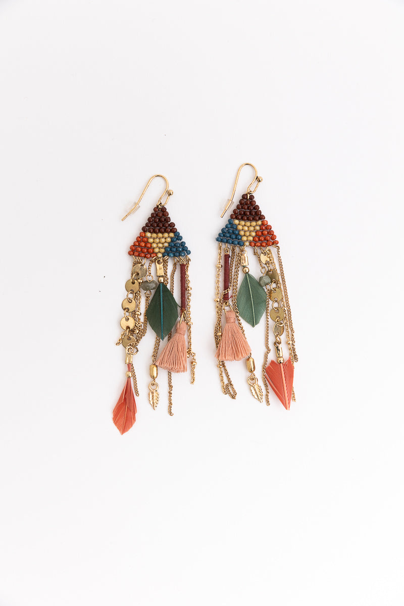 Boho Dreams Beads & Feathers Cascade Earrings-Soul Flow Apparel