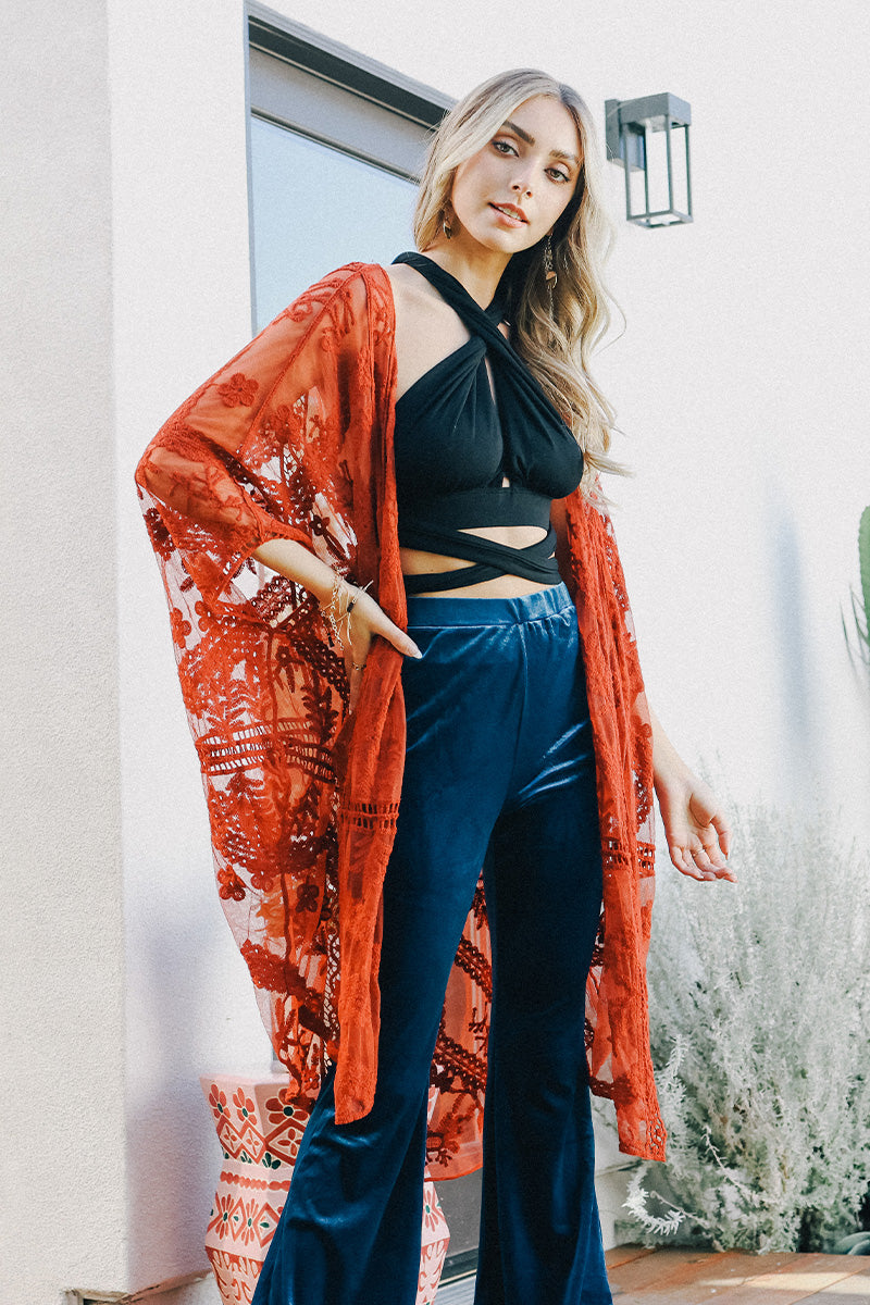 Embroidered Mesh Leaf Kimono-Soul Flow Apparel