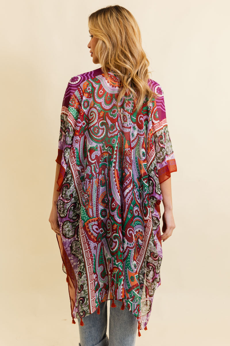 Free Spirit Cinched Sleeve Paisley Kimono-Soul Flow Apparel