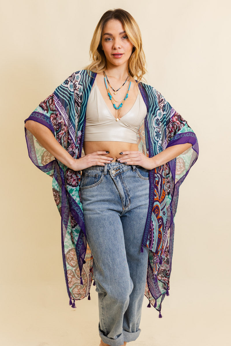 Free Spirit Cinched Sleeve Paisley Kimono-Soul Flow Apparel