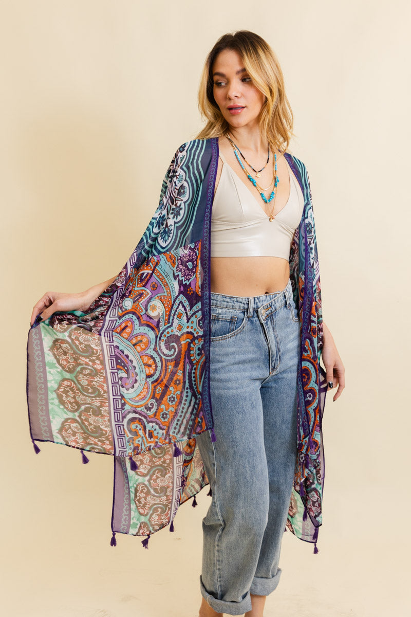 Free Spirit Cinched Sleeve Paisley Kimono-Soul Flow Apparel