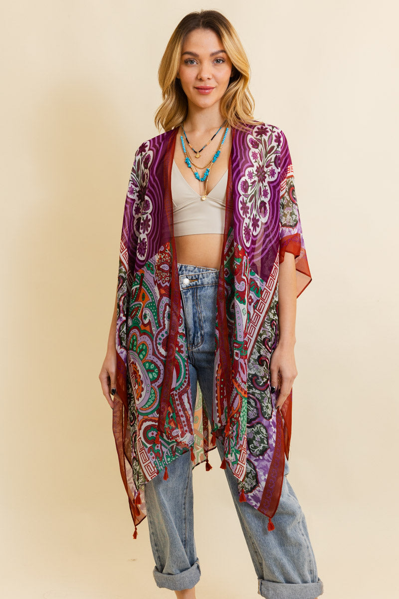 Free Spirit Cinched Sleeve Paisley Kimono-Soul Flow Apparel