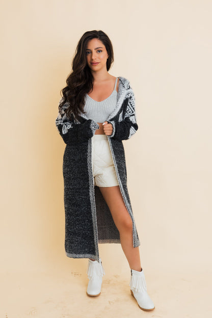 Stylish Leto Collection boho hooded knit cardigan with a cozy design and long sleeves