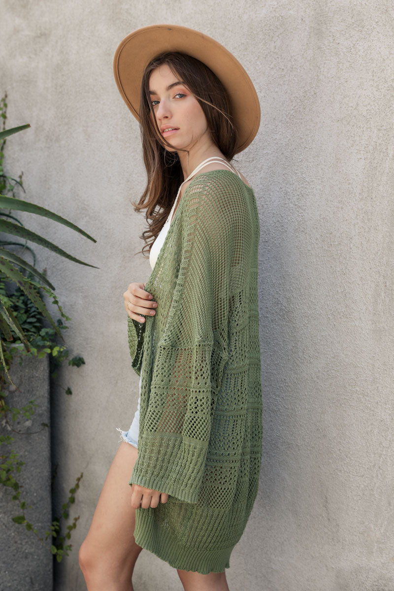 Leto Collection boho knit netted cardigan in green, perfect for layering in warm weather