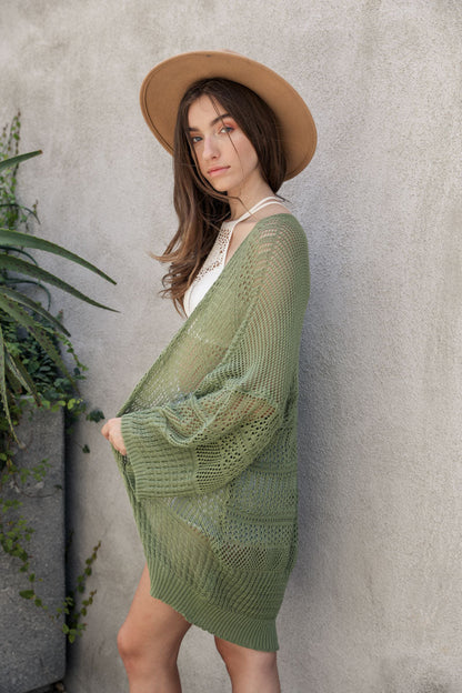 Leto Collection boho knit netted cardigan in olive green, perfect for layering in warmer weather