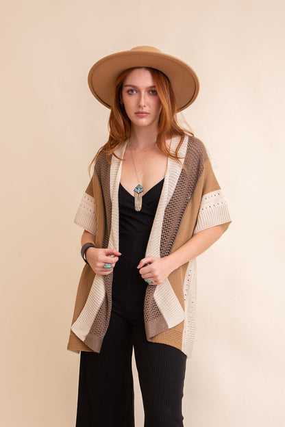 Leto Collection Boho Knit Poncho for Women in Natural Tones with Open Knit Design