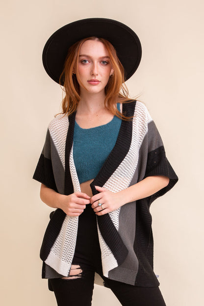 Leto Collection boho knit poncho for women in black, white, and gray with open front design