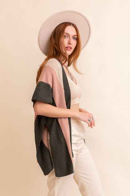 Stylish Leto Collection boho knit poncho for women in pink and gray, perfect for casual layering.