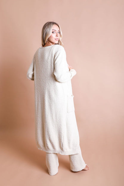 Leto Collection cream boho longline cardigan with cozy texture and pockets for stylish comfort