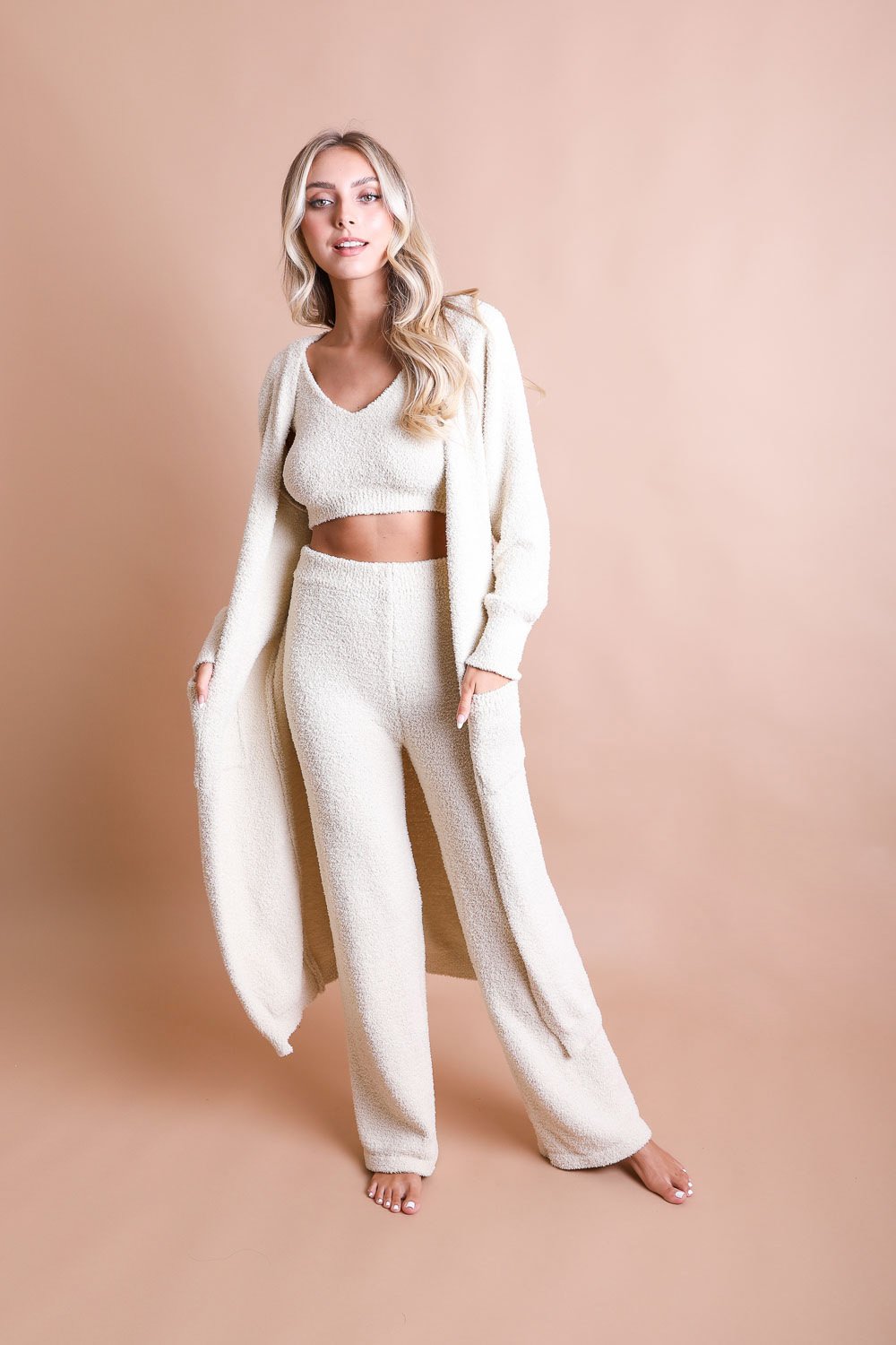 Leto Collection Boho Longline Cardigan in Cream, styled with matching outfit for a cozy look
