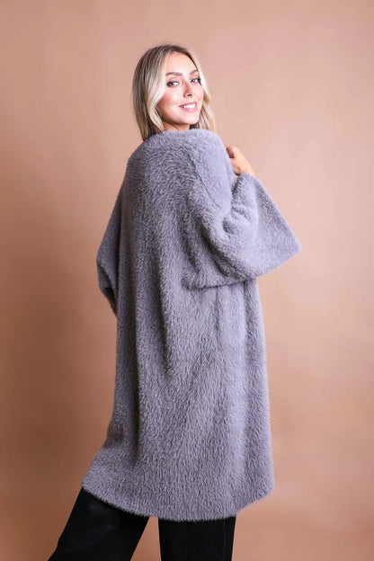 Soft gray boho mohair knit cardigan featuring a cozy oversized design for stylish comfort