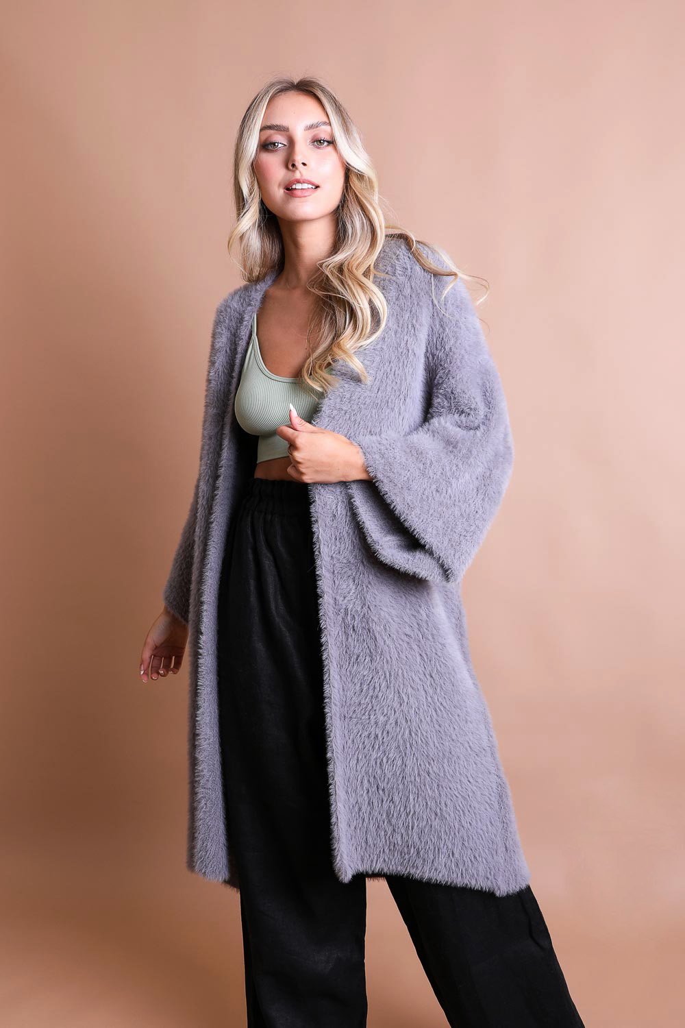 Leto Collection Boho Mohair Knit Cardigan in Soft Gray, Perfect for Cozy Layering