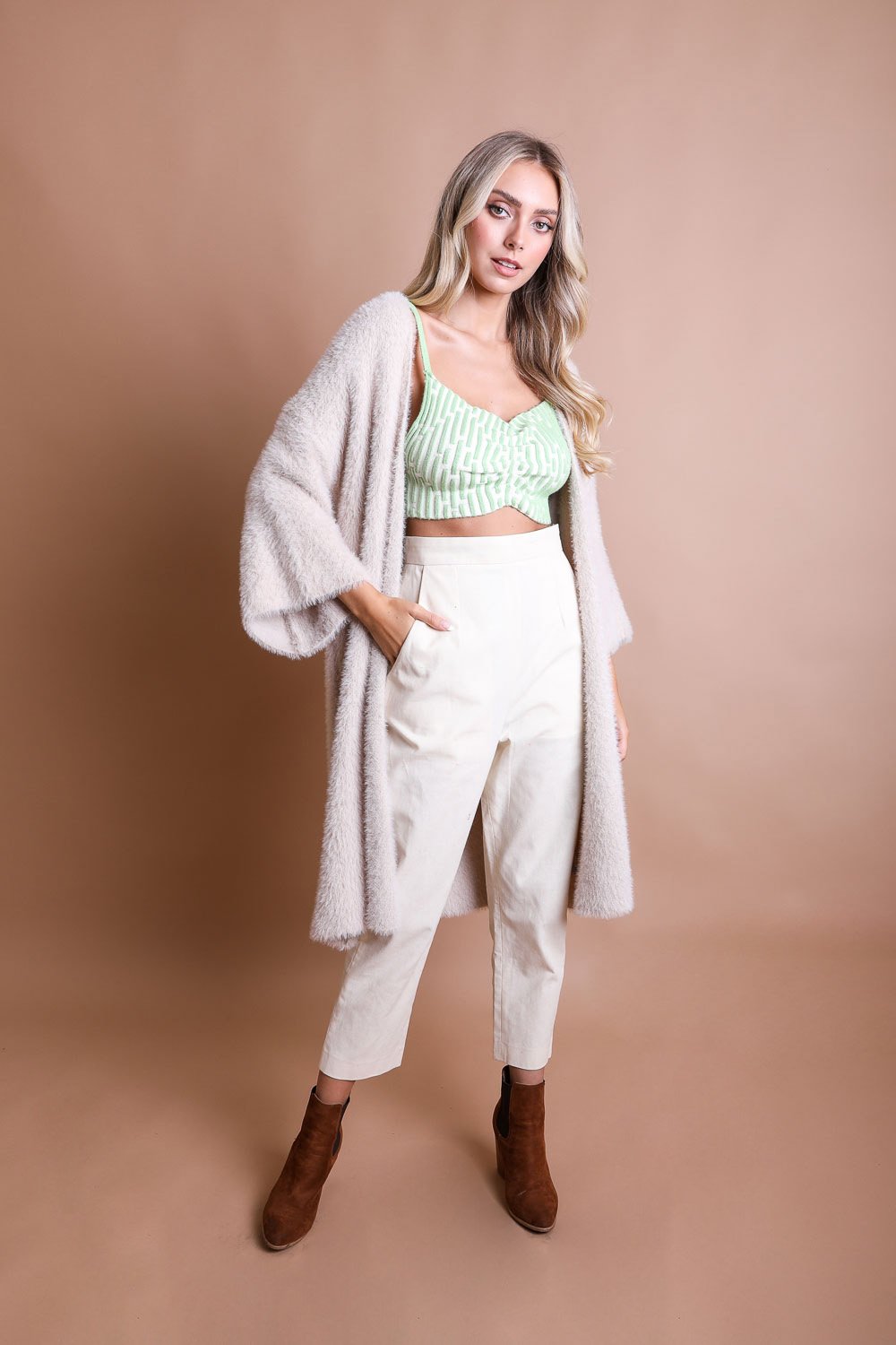 Leto Collection Boho Mohair Knit Cardigan in Soft Beige with Wide Sleeves and Casual Fit