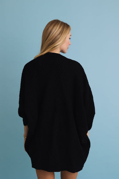 Leto Collection black boho ribbed knit cardigan with oversized fit and cozy design