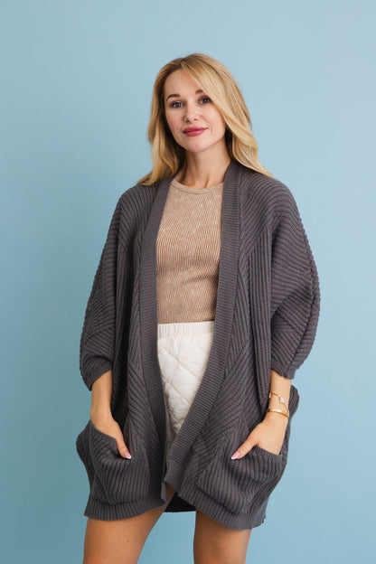 Leto Collection boho ribbed knit cardigan in gray with oversized sleeves and front pockets