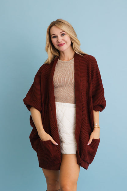 Leto Collection boho ribbed knit cardigan in maroon, perfect for layering in cooler weather