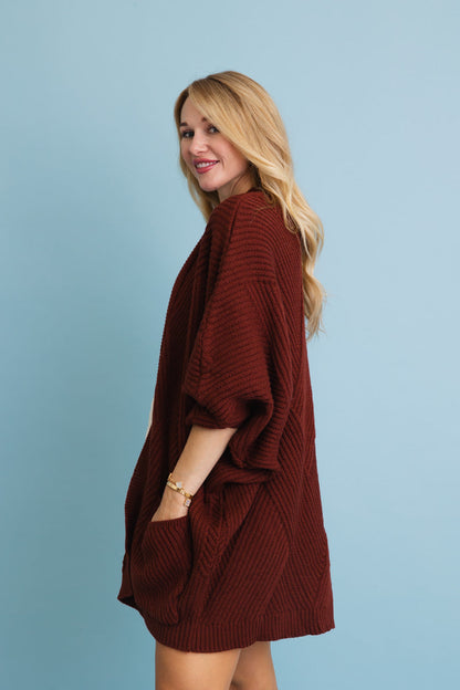 Leto Collection Boho Ribbed Knit Cardigan in Rust Color with Side Pockets for Comfortable Layering