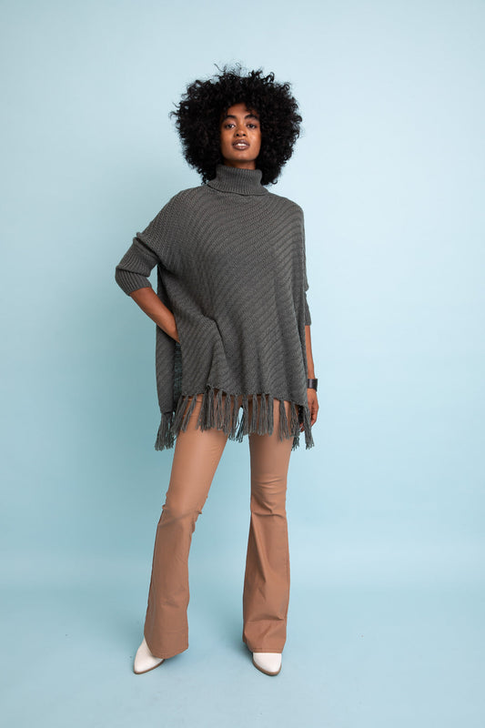 Leto Collection boho roll-neck poncho sweater in gray featuring fringe detail for a stylish look