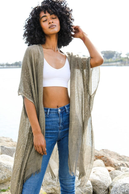 Sequin Border Frayed Kimono-Soul Flow Apparel