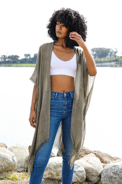 Sequin Border Frayed Kimono-Soul Flow Apparel