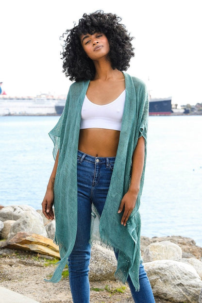 Sequin Border Frayed Kimono-Soul Flow Apparel