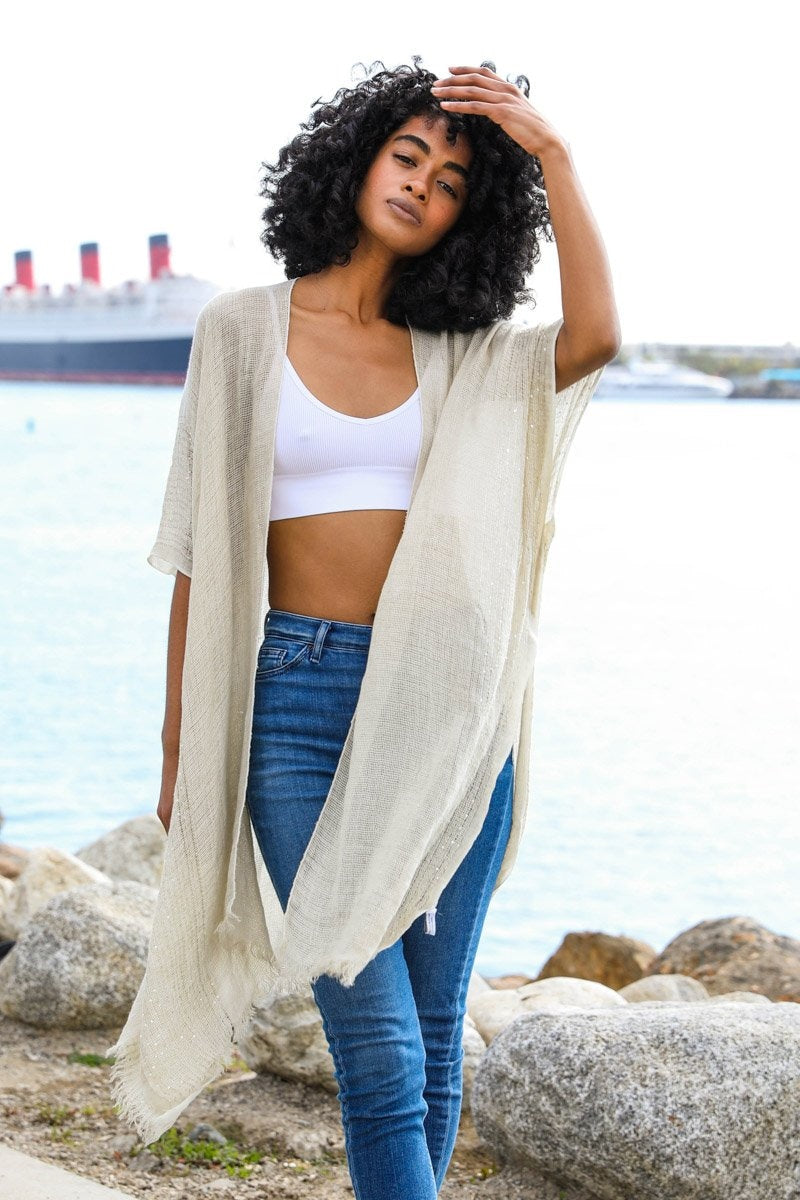 Sequin Border Frayed Kimono-Soul Flow Apparel