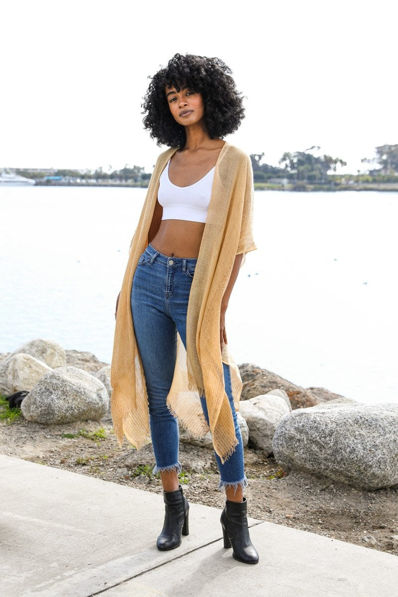 Sequin Border Frayed Kimono-Soul Flow Apparel