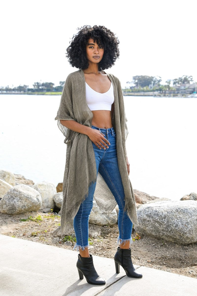 Sequin Border Frayed Kimono-Soul Flow Apparel