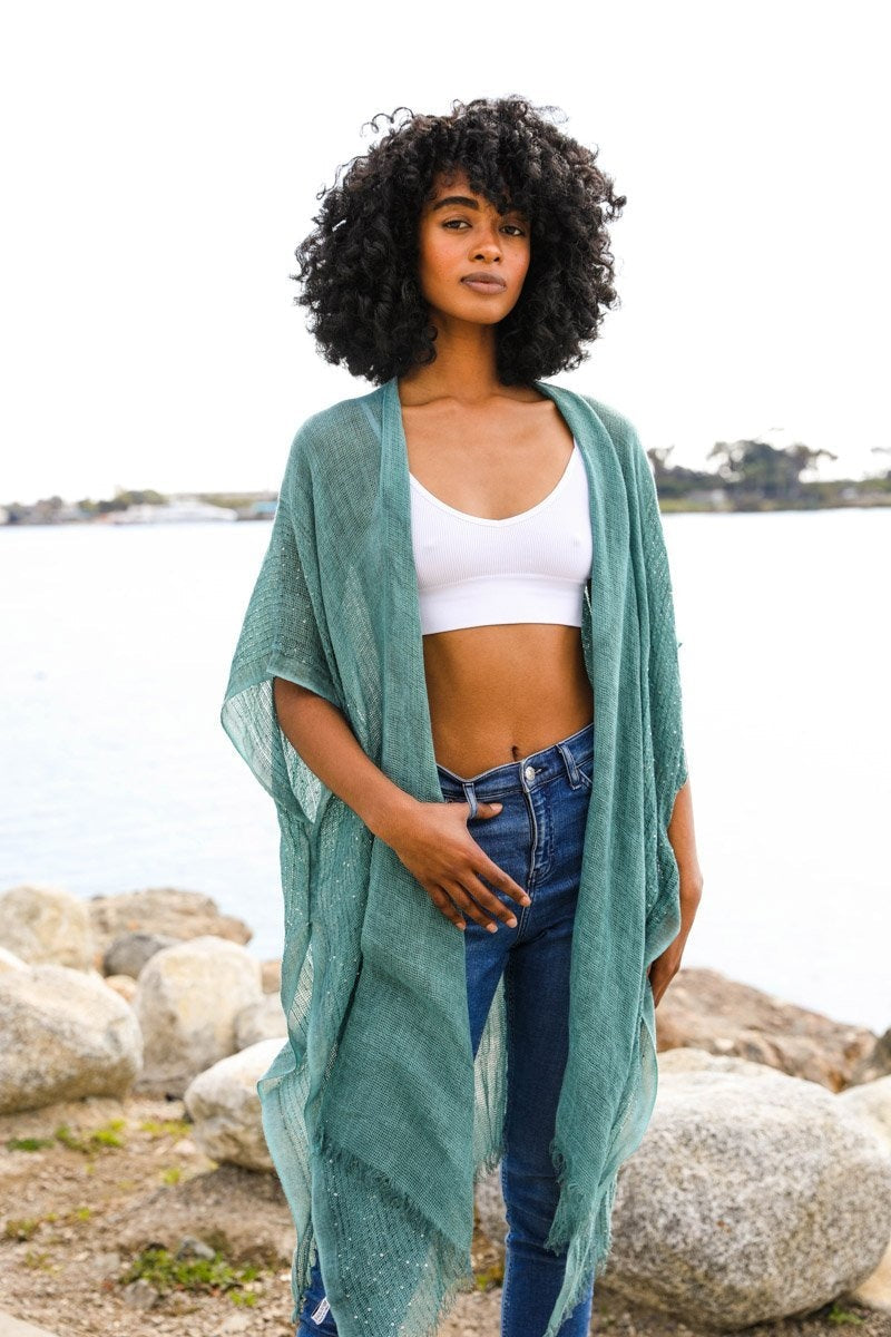Sequin Border Frayed Kimono-Soul Flow Apparel