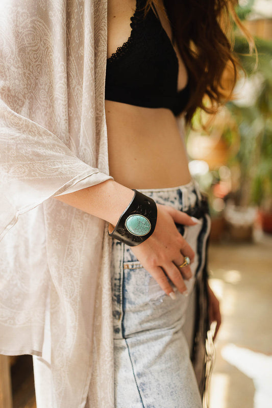 Boho Turquoise Stone Leather Cuff-Soul Flow Apparel