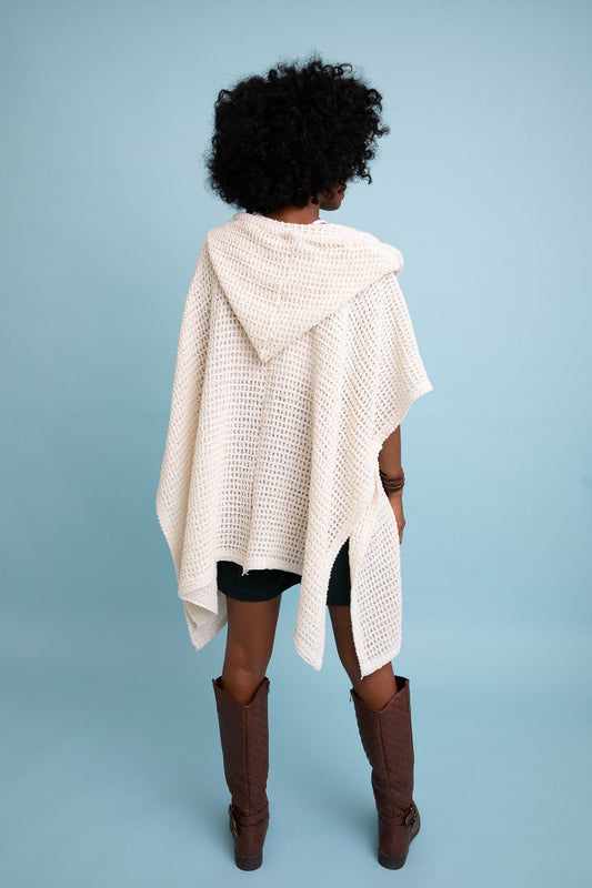 Leto Collection boho waffle ruana with hood in cream color, perfect for stylish layering