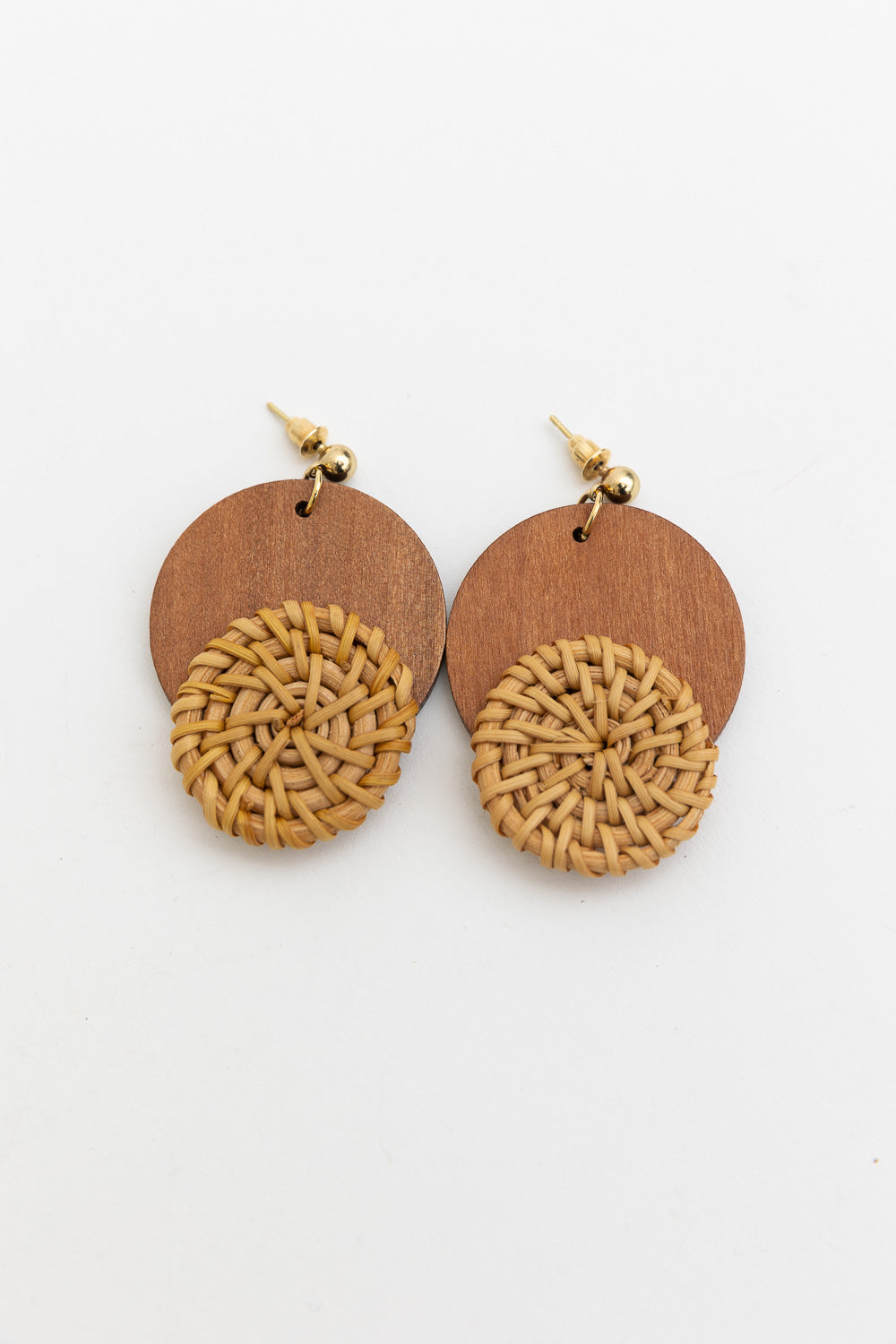 Boho Wood-Trimmed Round Straw Earrings-Soul Flow Apparel