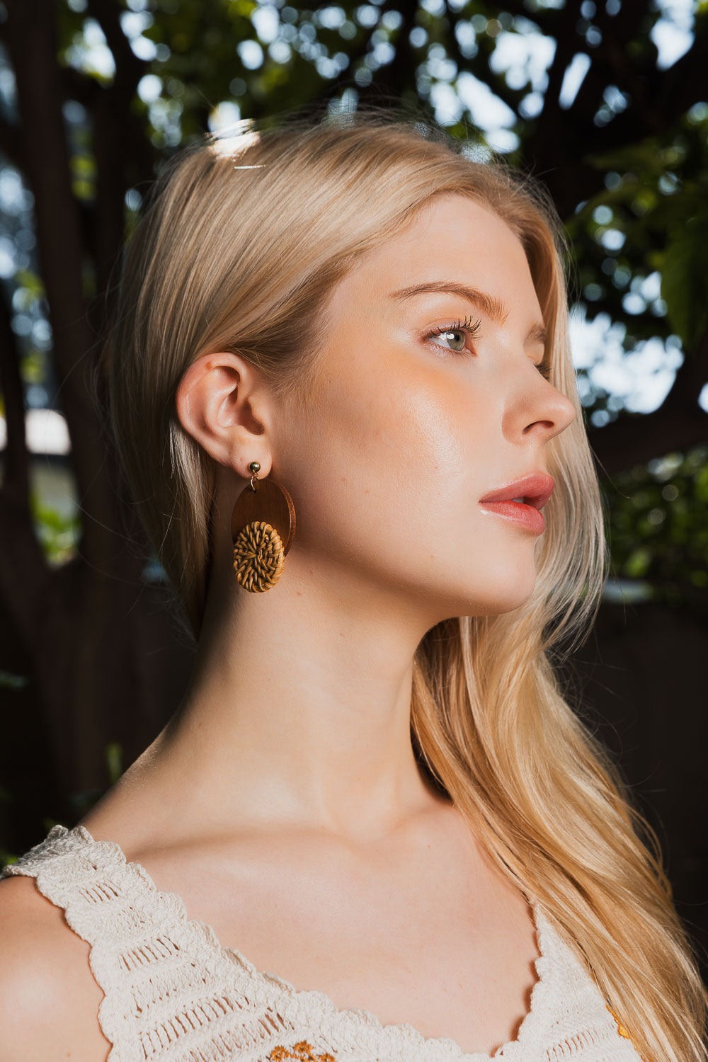 Boho Wood-Trimmed Round Straw Earrings-Soul Flow Apparel