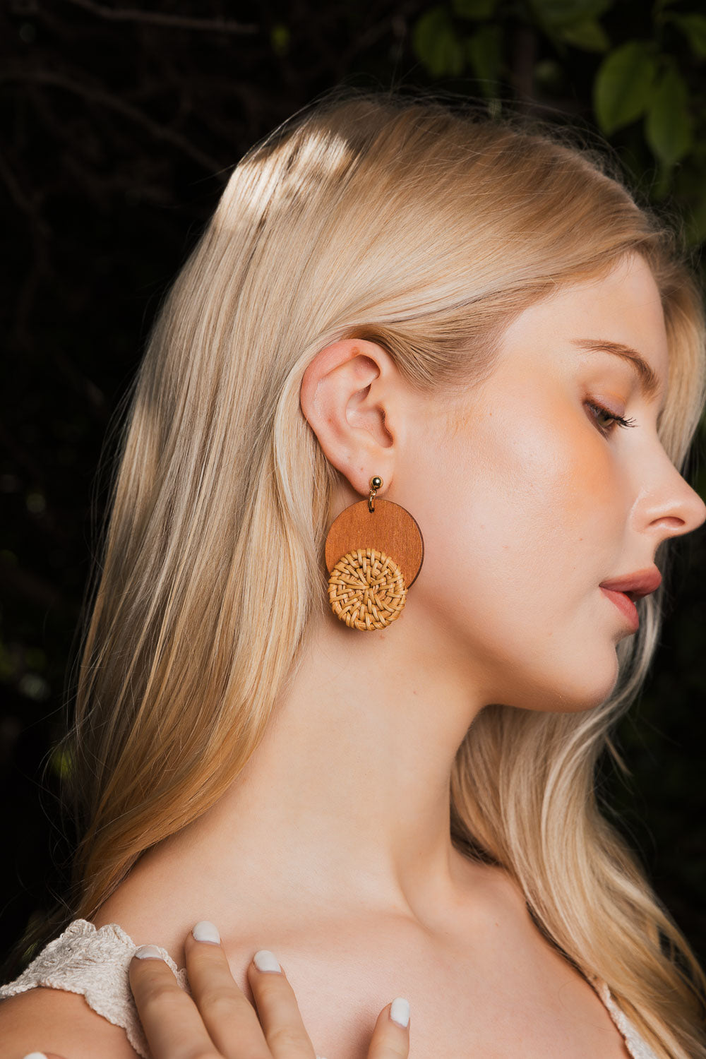Boho Wood-Trimmed Round Straw Earrings-Soul Flow Apparel