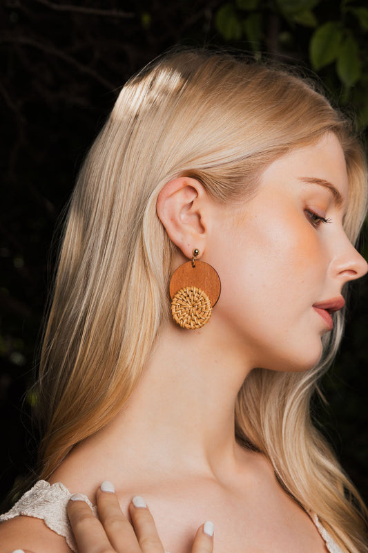 Boho Wood-Trimmed Round Straw Earrings-Soul Flow Apparel