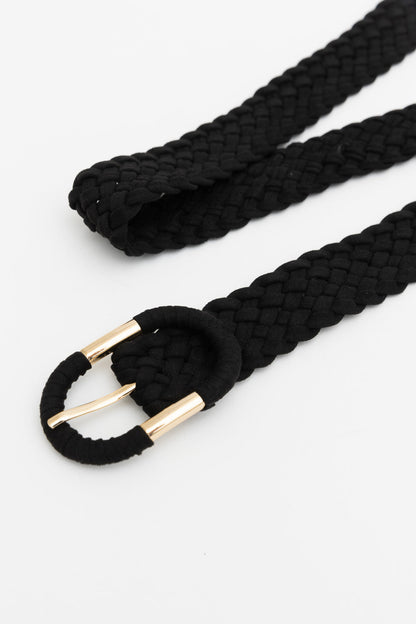 Black braided suede oval buckle belt with a stylish gold-tone buckle for versatile fashion