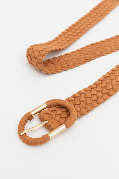Braided suede oval buckle belt from Leto Collection in a warm tan color for stylish waist accents