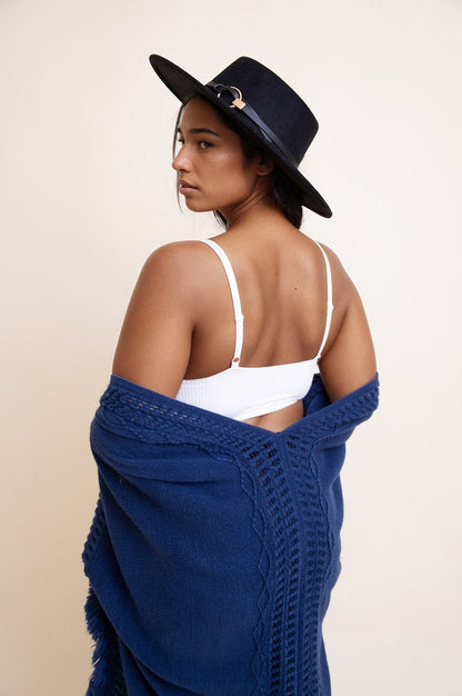 Plus size lace brami from Leto Collection featured with a cozy blue shawl and stylish hat