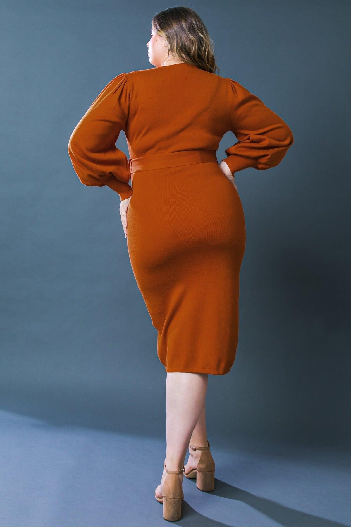 Adorable Ideal Sweater Midi Dress With Surplice Neckline Blouson Sleeves