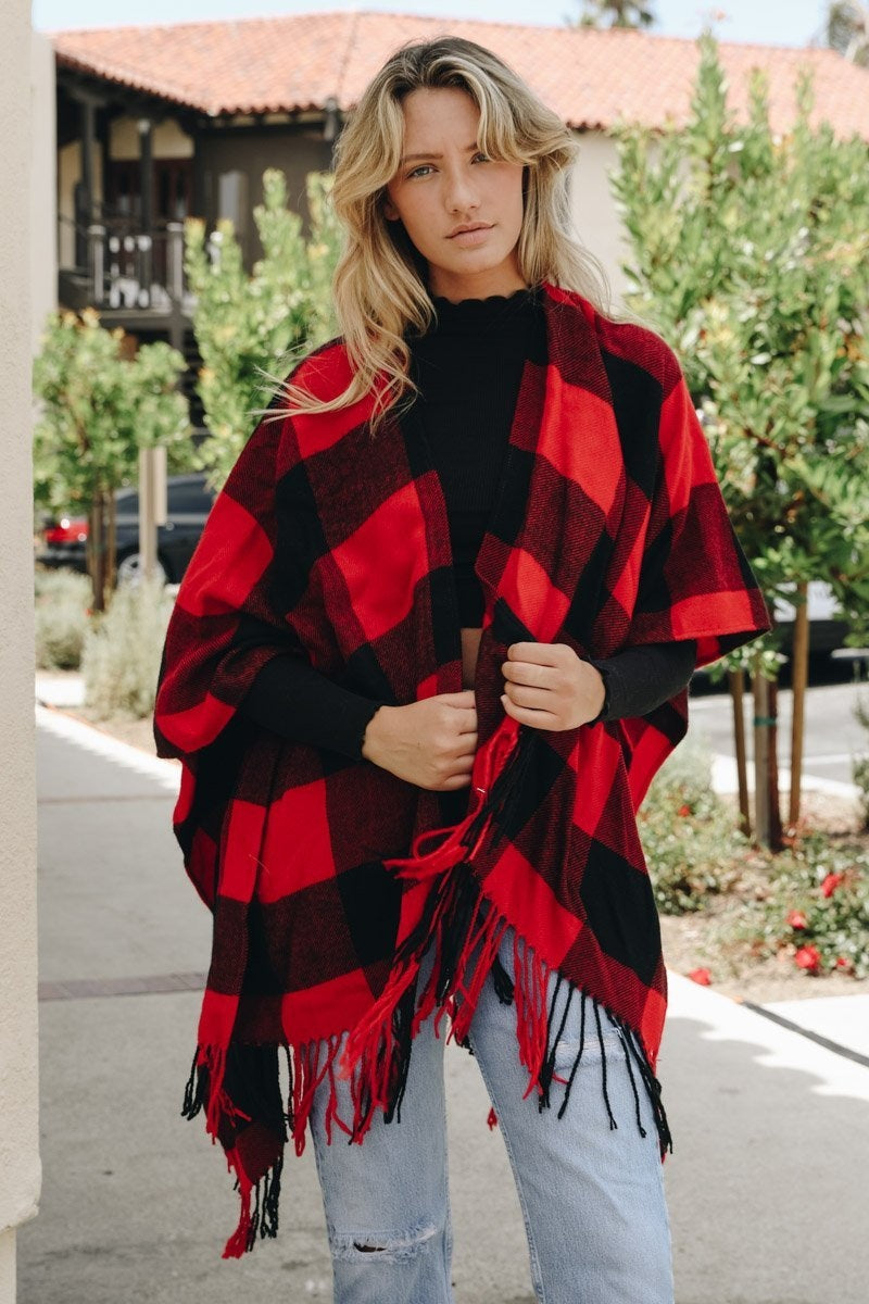 Leto Collection Buffalo check ruana in red and black with fringing for stylish layering