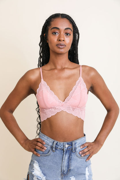 Leto Collection butterfly scallop lace bralette in soft pink, featuring scalloped edges and adjustable straps