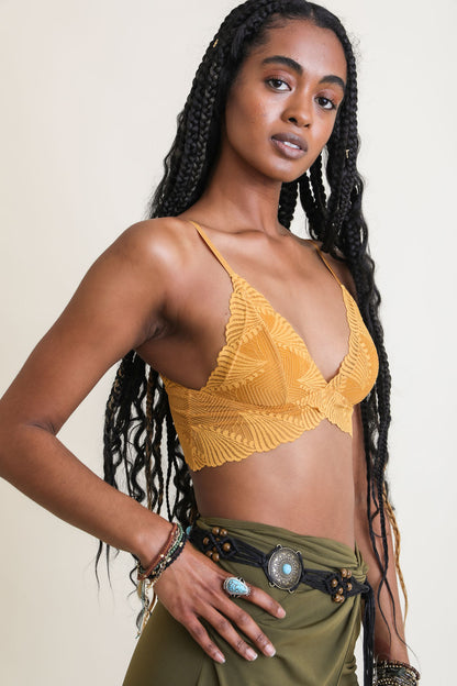 Leto Collection butterfly scallop lace bralette in mustard yellow with delicate patterned design