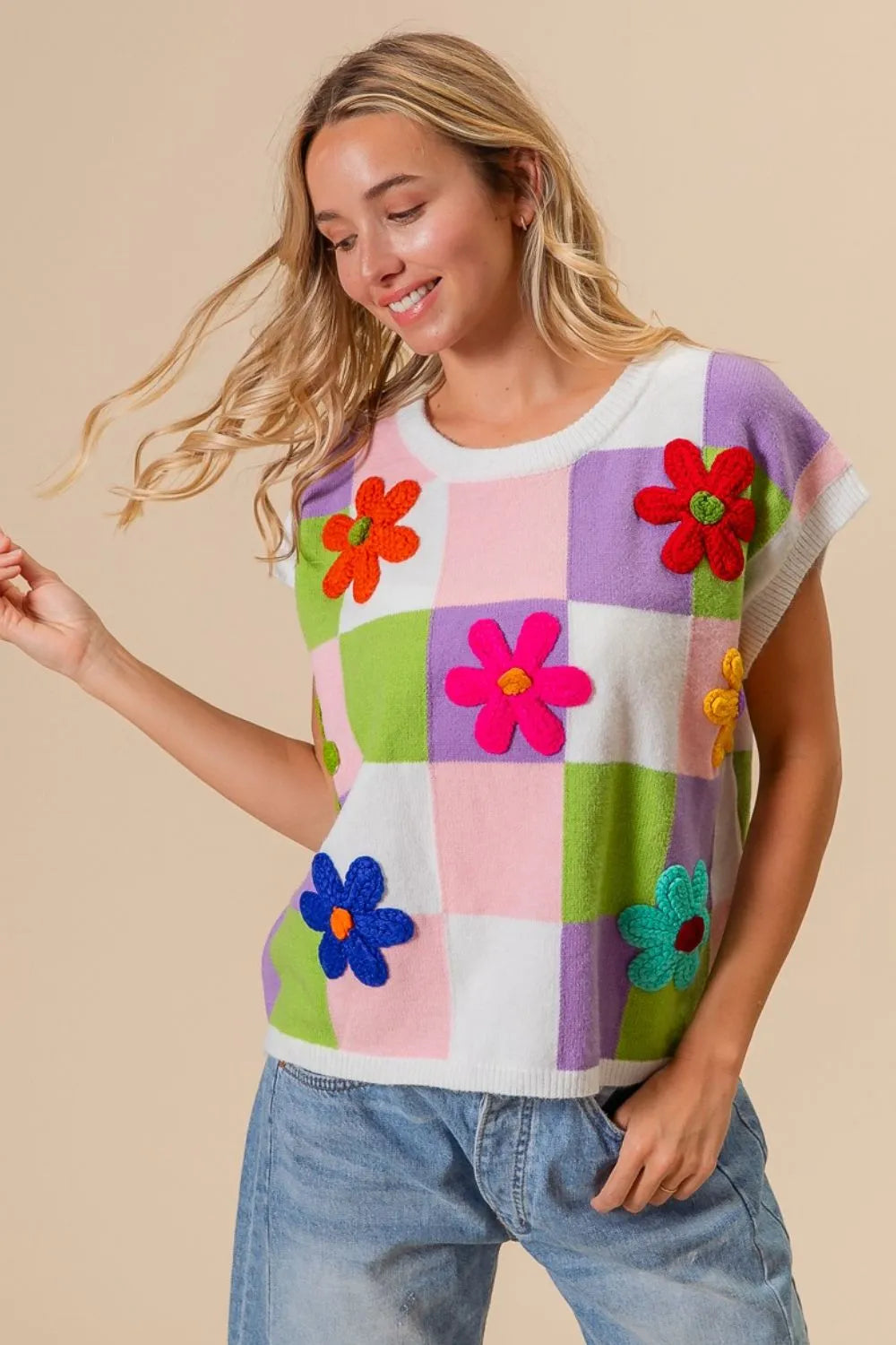 Trendsi flower patch checkered sweater vest in colorful floral pattern for a stylish layered look