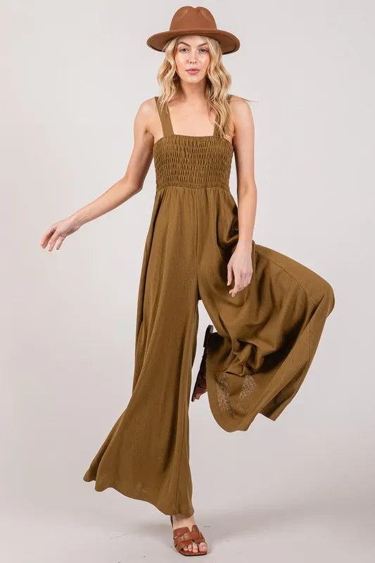 SAGE+FIG Smocked Flowy Wide Leg Jumpsuit-Soul Flow Apparel