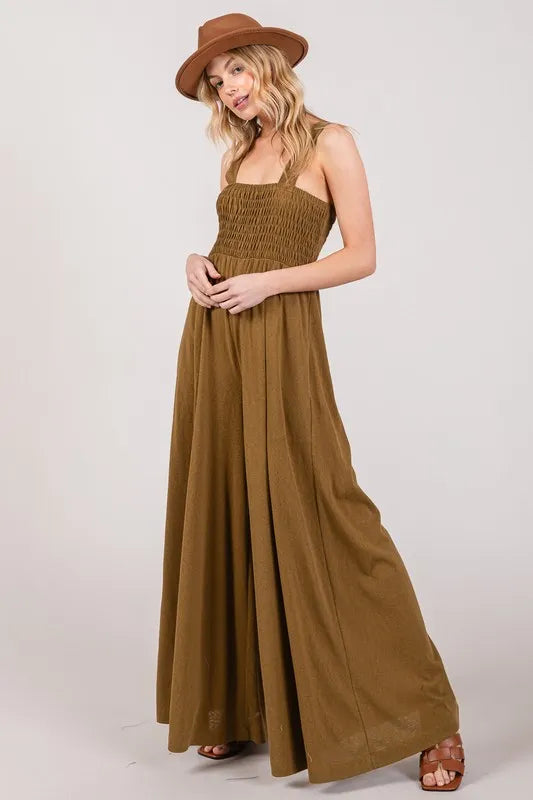 SAGE+FIG Smocked Flowy Wide Leg Jumpsuit-Soul Flow Apparel